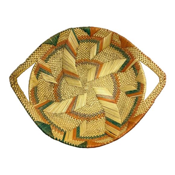 Round Orange Green and Natural Woven Tribal Bowl Basket with Handles and Pattern - Picture 1 of 3